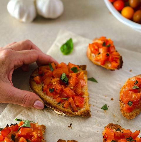 Recipe Italian Bruschetta with Organic Basil Extra Virgin Olive Oil from Italy Costabile Brand